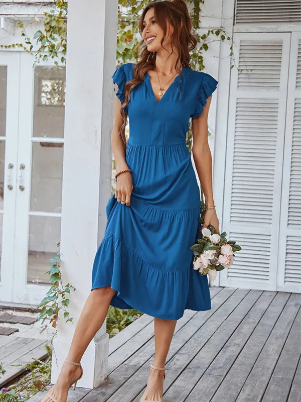V-Neck Midi Dress with Flying Sleeves and Tiered Design