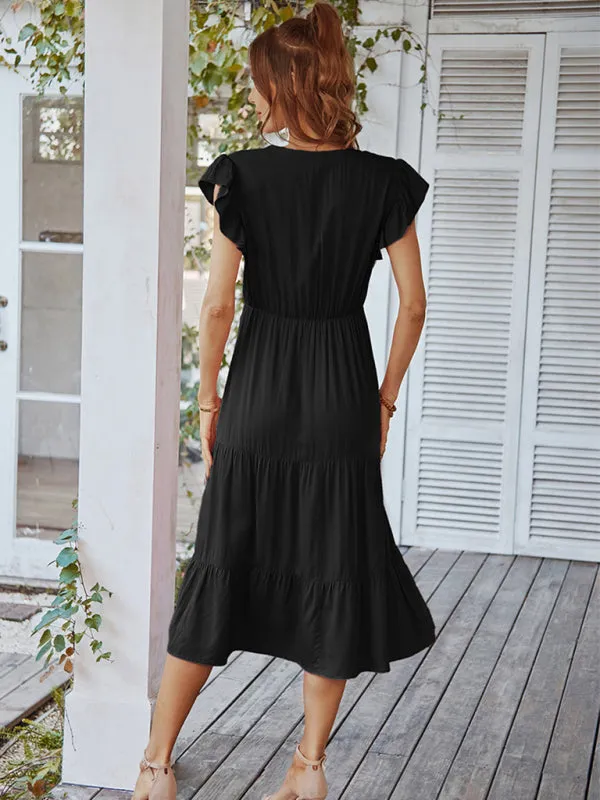 V-Neck Midi Dress with Flying Sleeves and Tiered Design
