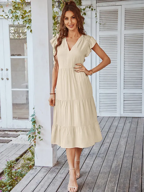 V-Neck Midi Dress with Flying Sleeves and Tiered Design