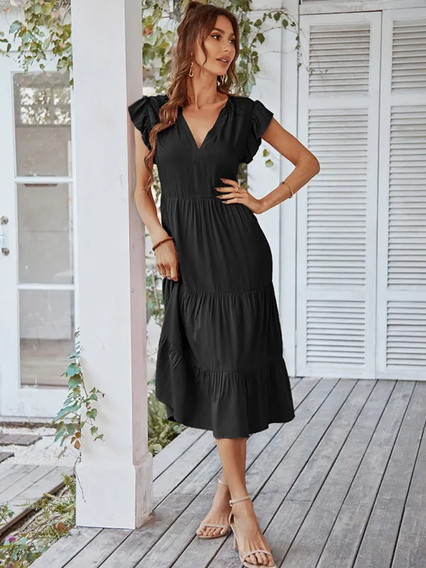 V-Neck Midi Dress with Flying Sleeves and Tiered Design