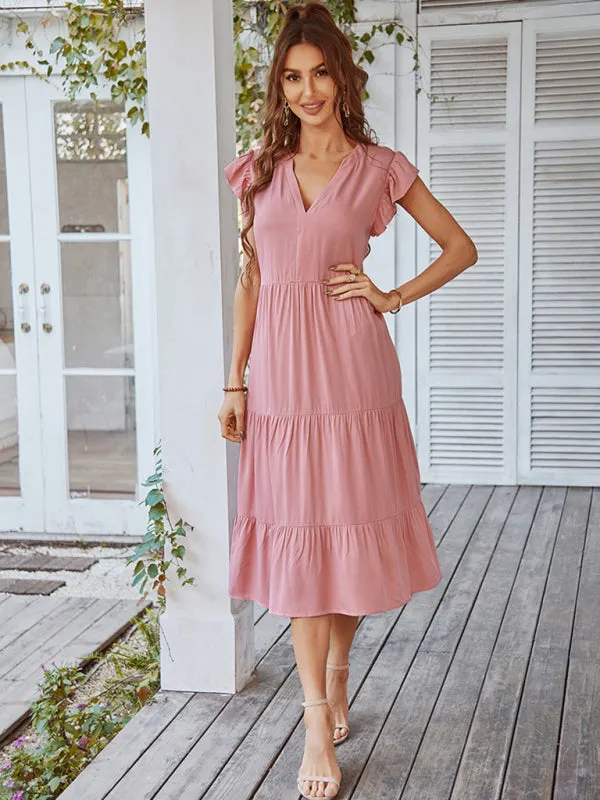 V-Neck Midi Dress with Flying Sleeves and Tiered Design