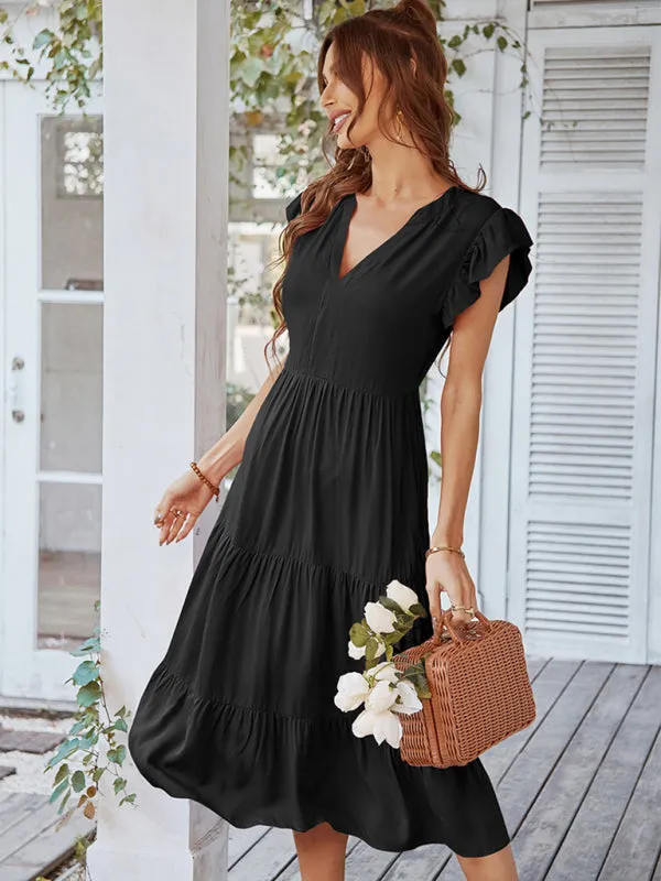 V-Neck Midi Dress with Flying Sleeves and Tiered Design