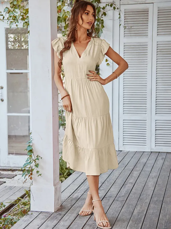 V-Neck Midi Dress with Flying Sleeves and Tiered Design