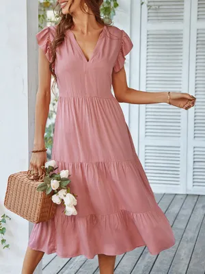 V-Neck Midi Dress with Flying Sleeves and Tiered Design