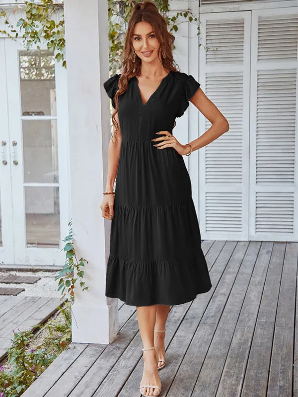 V-Neck Midi Dress with Flying Sleeves and Tiered Design