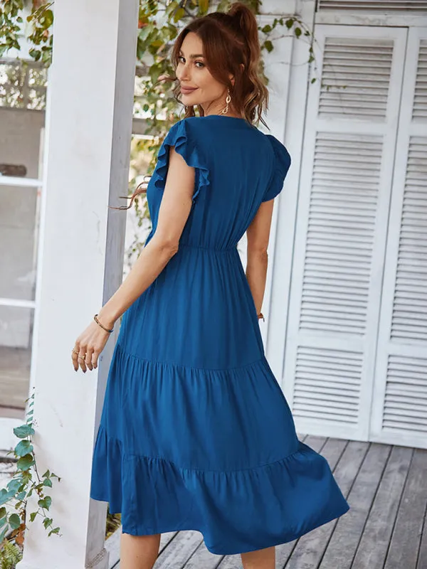 V-Neck Midi Dress with Flying Sleeves and Tiered Design