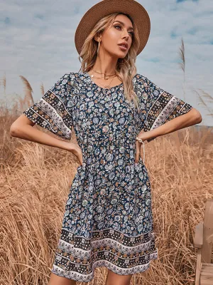 Vintage Floral Short Dress with Geometric Border