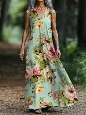 Vintage V-neck Bohemian Floral Print Elegant Chic Loose Midi Dress