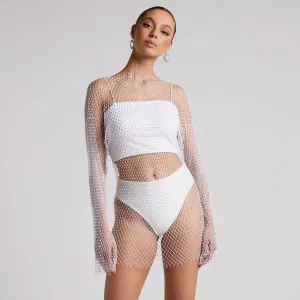White Fishnet Dress with Rhinestone Diamonds