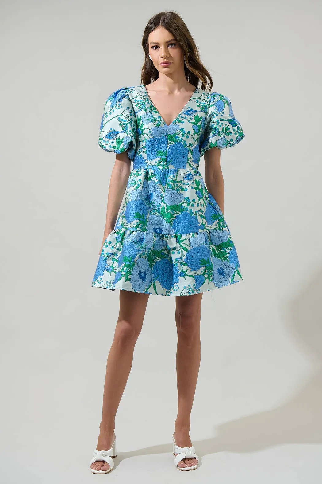 Willa Floral May Jacquard Tiered Mini Dress: WHITE-BLUE