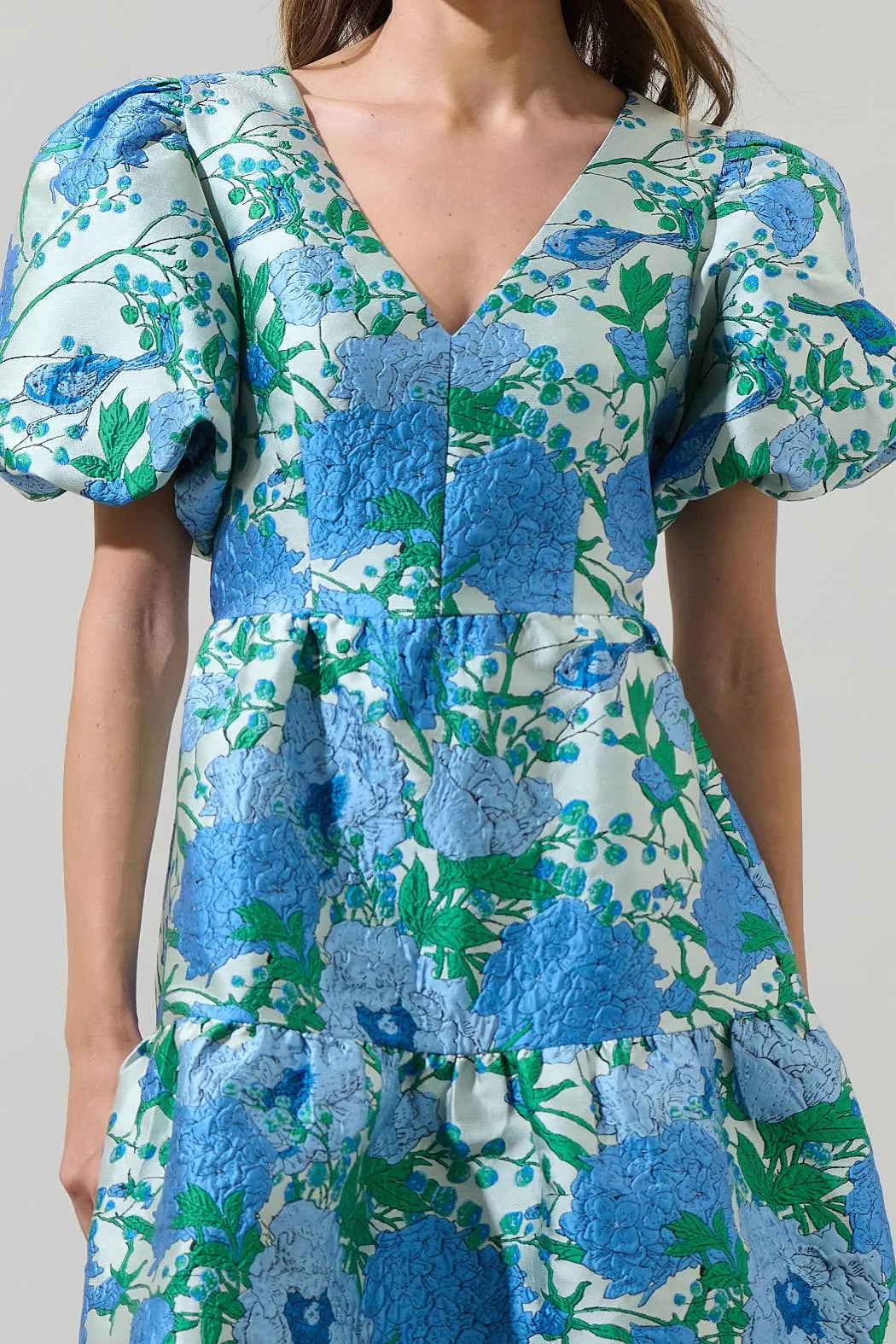 Willa Floral May Jacquard Tiered Mini Dress: WHITE-BLUE
