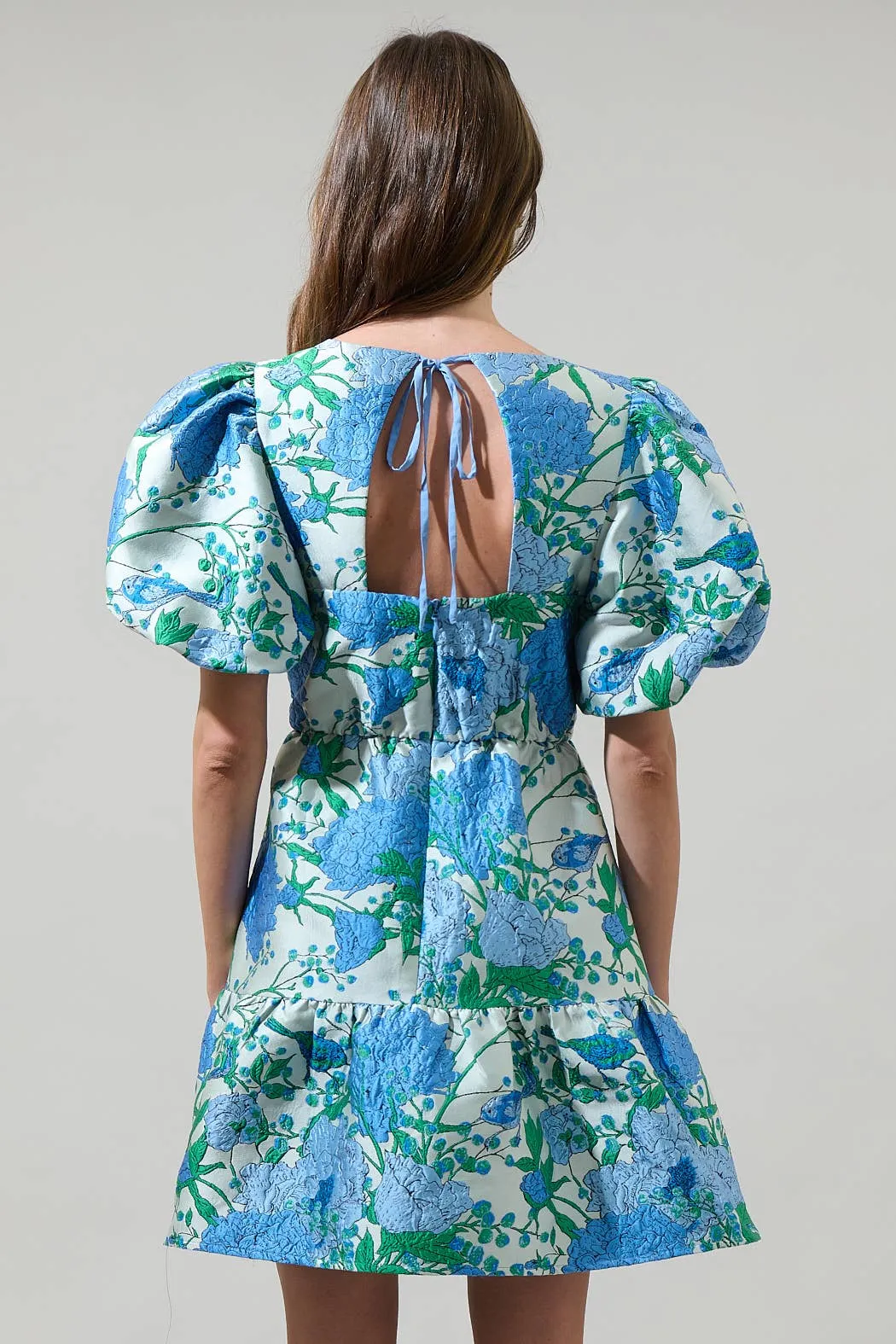 Willa Floral May Jacquard Tiered Mini Dress: WHITE-BLUE