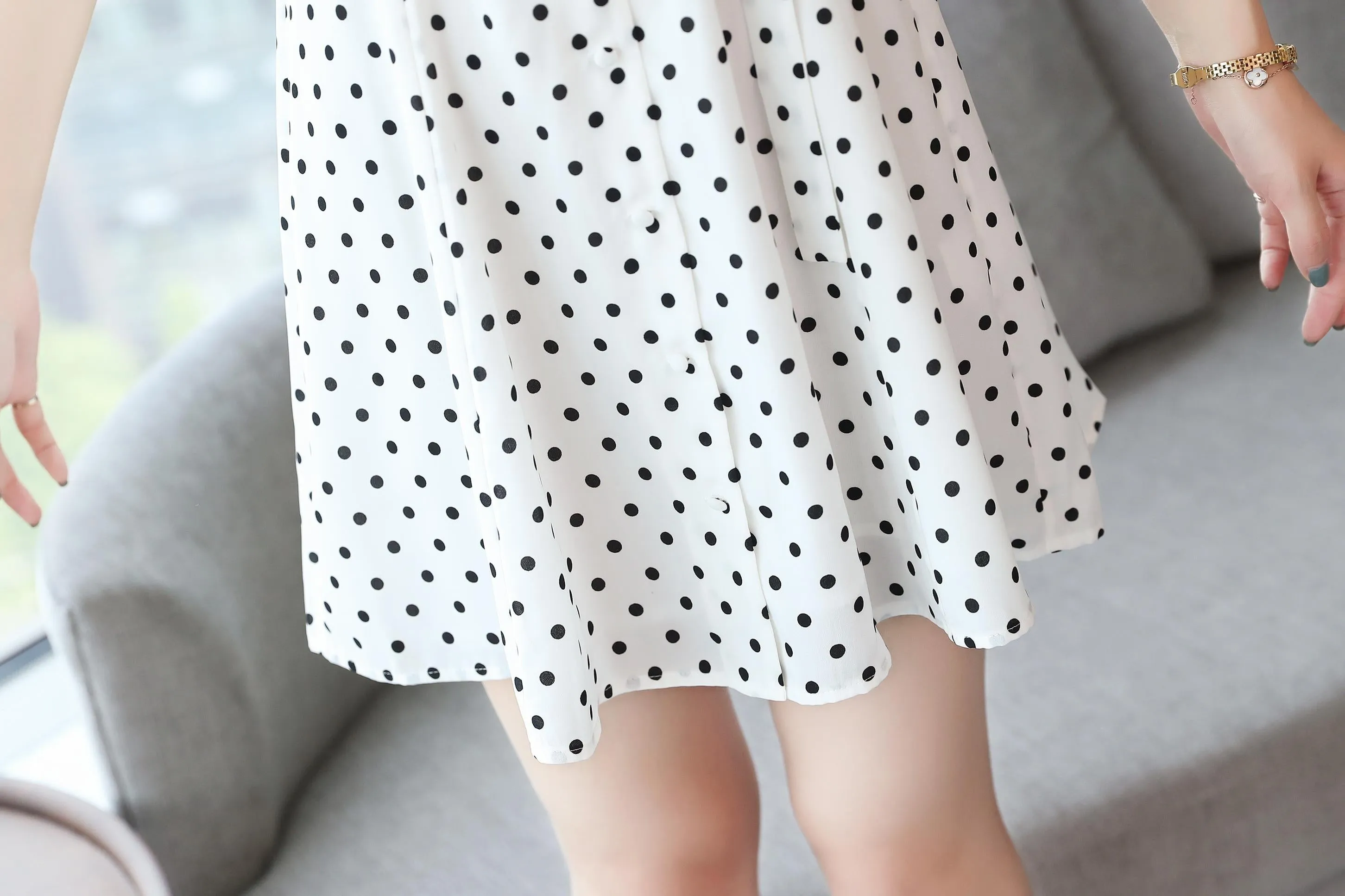 Women's Belted-Waisted Chiffon Dress in Polka Dot