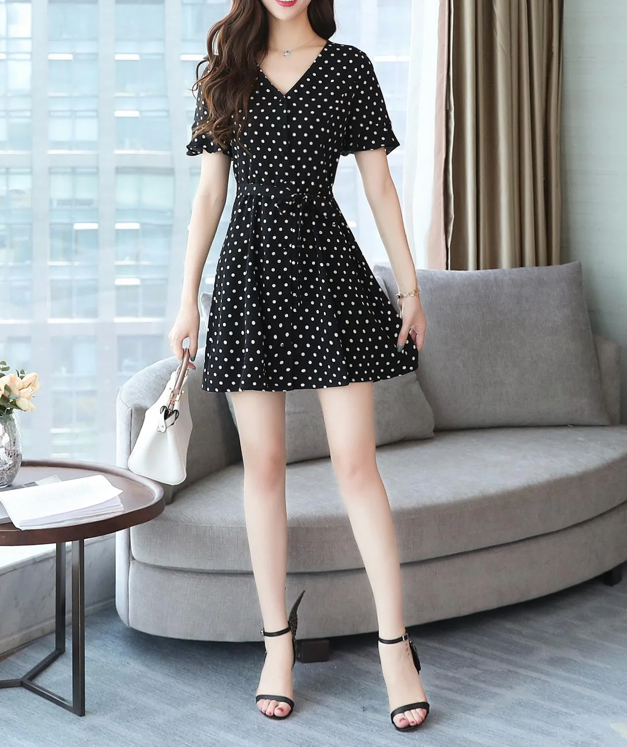 Women's Belted-Waisted Chiffon Dress in Polka Dot