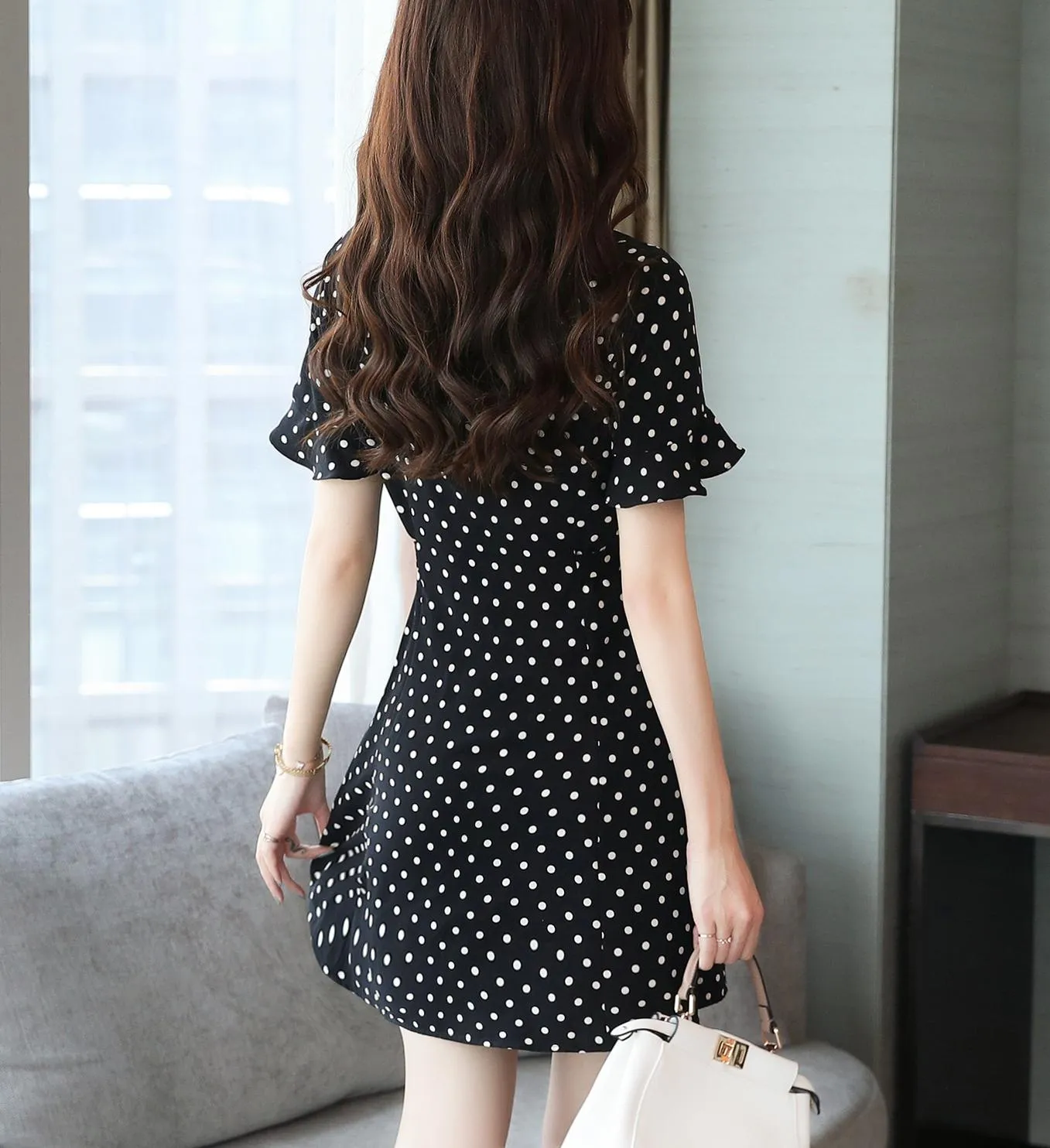 Women's Belted-Waisted Chiffon Dress in Polka Dot