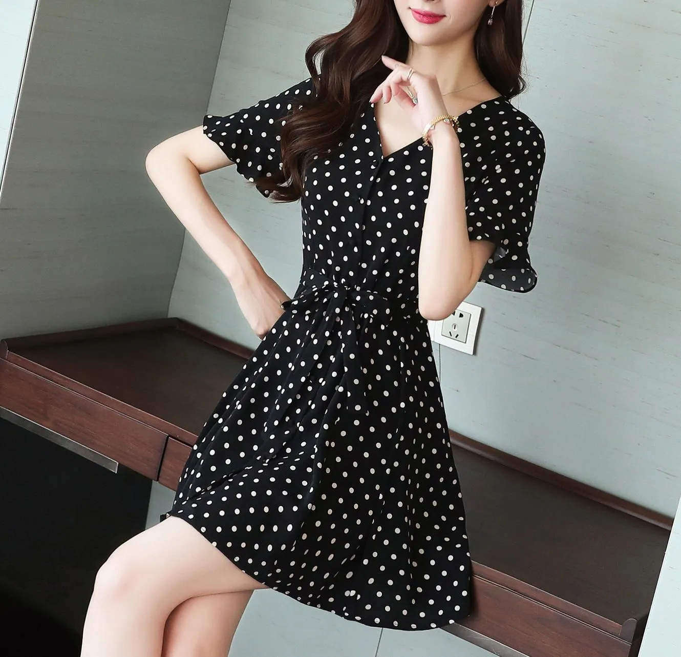 Women's Belted-Waisted Chiffon Dress in Polka Dot