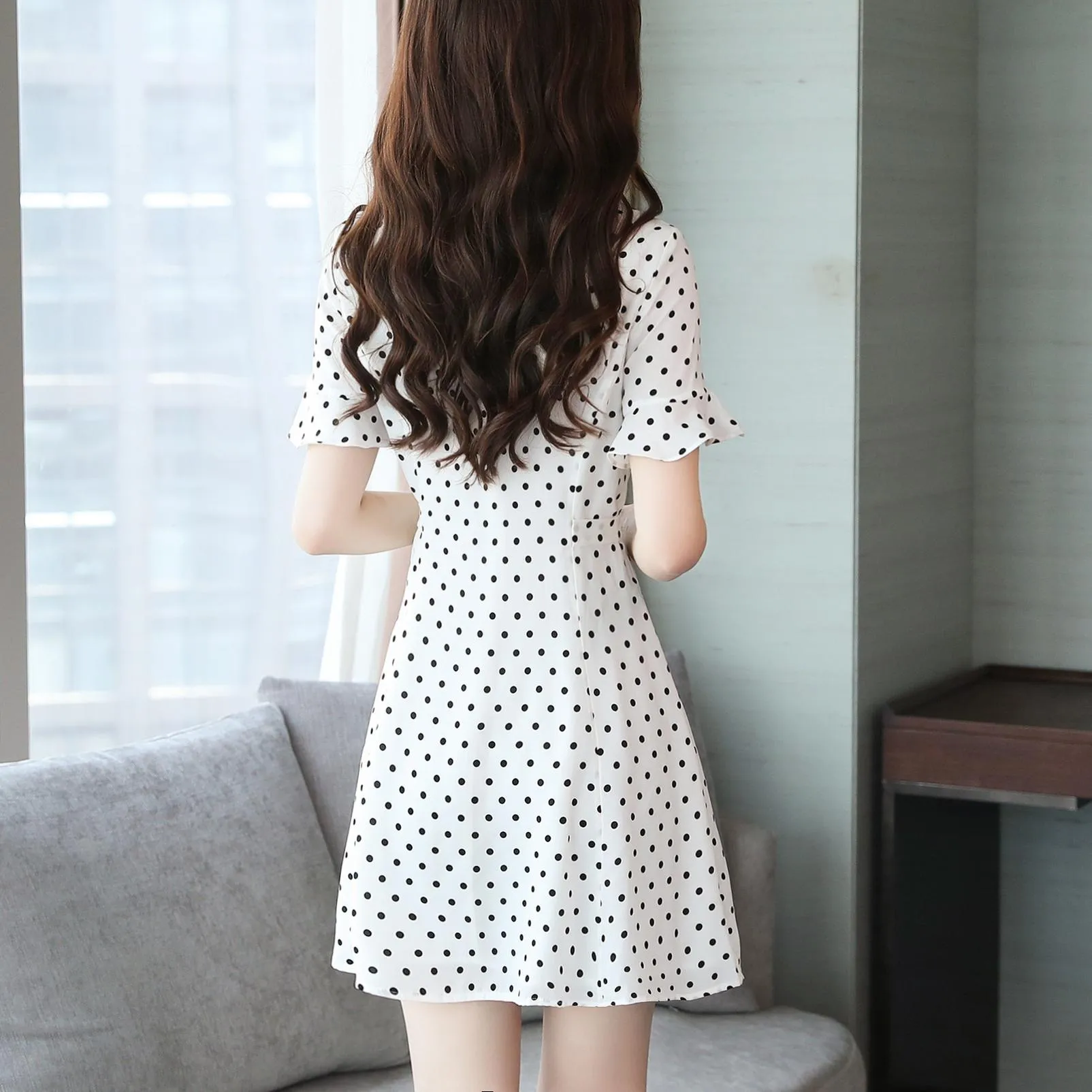 Women's Belted-Waisted Chiffon Dress in Polka Dot