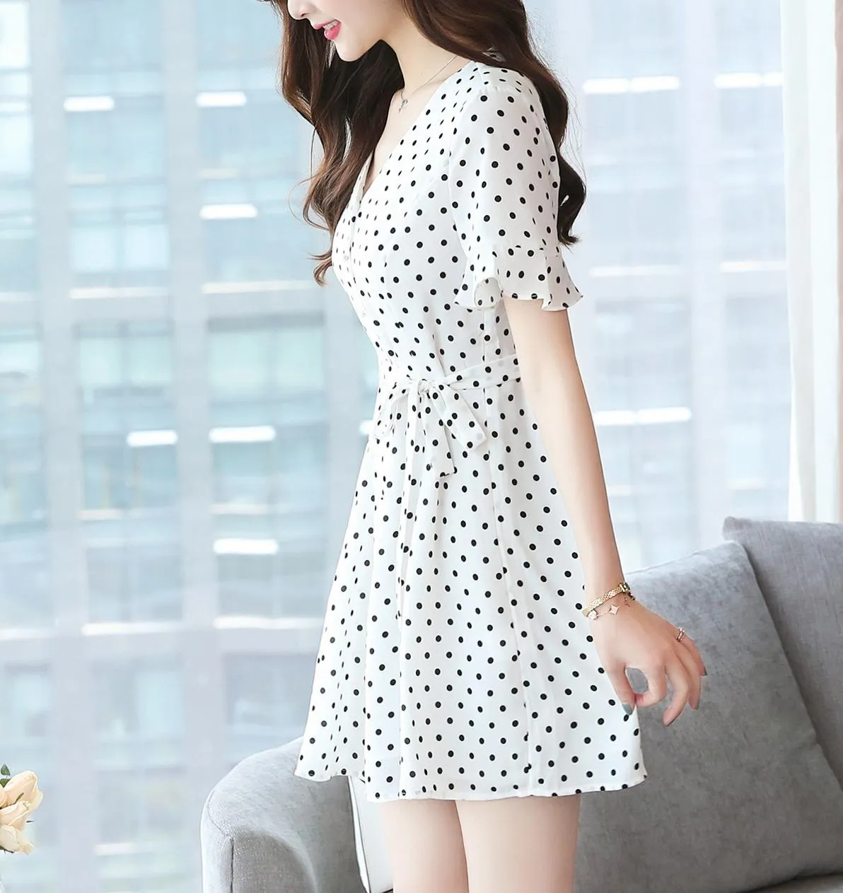 Women's Belted-Waisted Chiffon Dress in Polka Dot