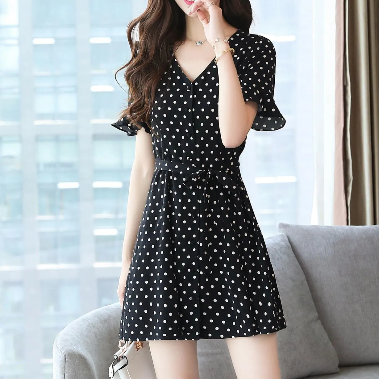 Women's Belted-Waisted Chiffon Dress in Polka Dot