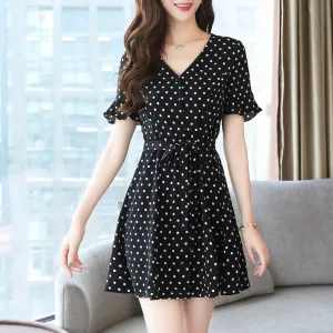 Women's Belted-Waisted Chiffon Dress in Polka Dot