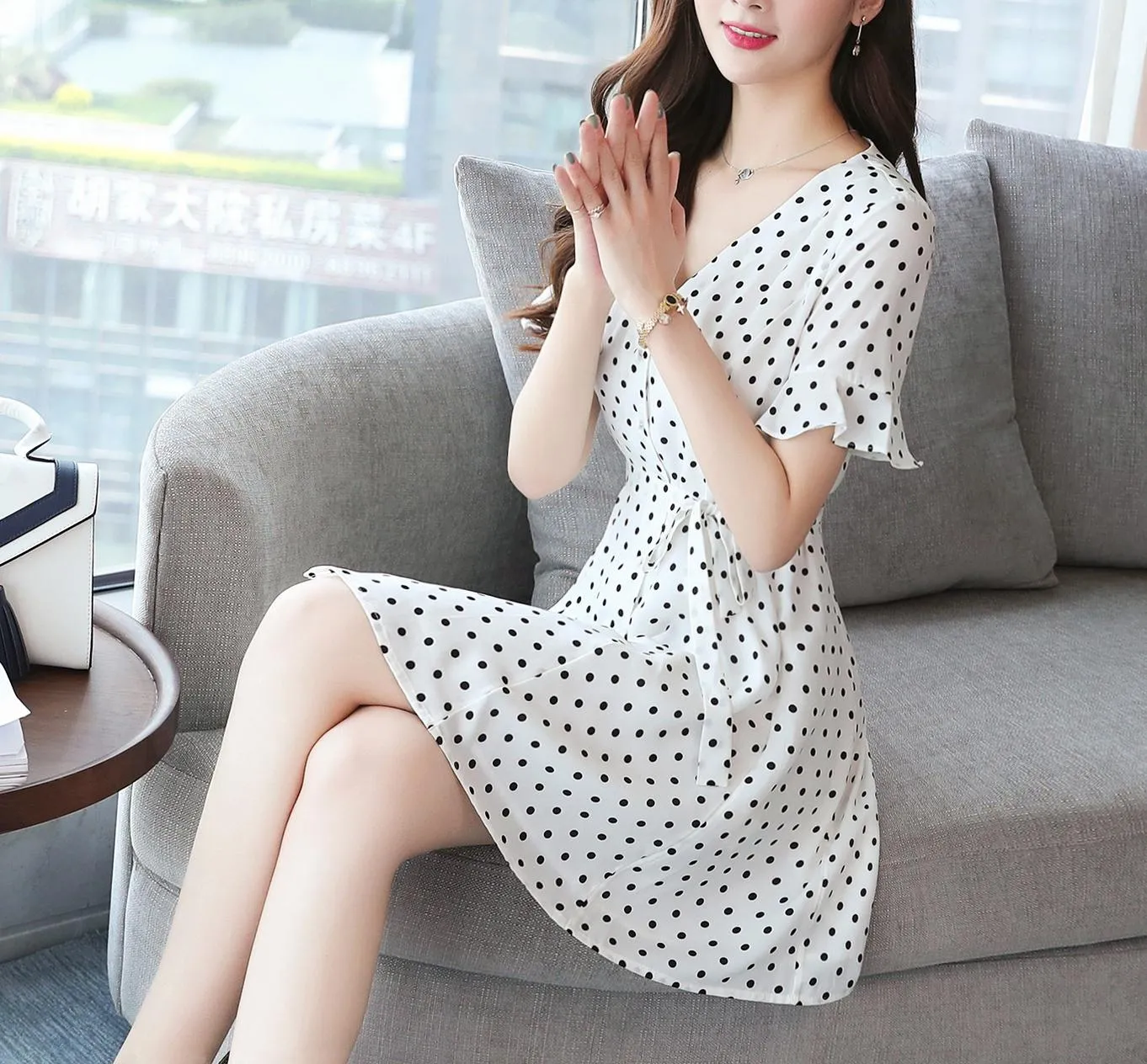 Women's Belted-Waisted Chiffon Dress in Polka Dot
