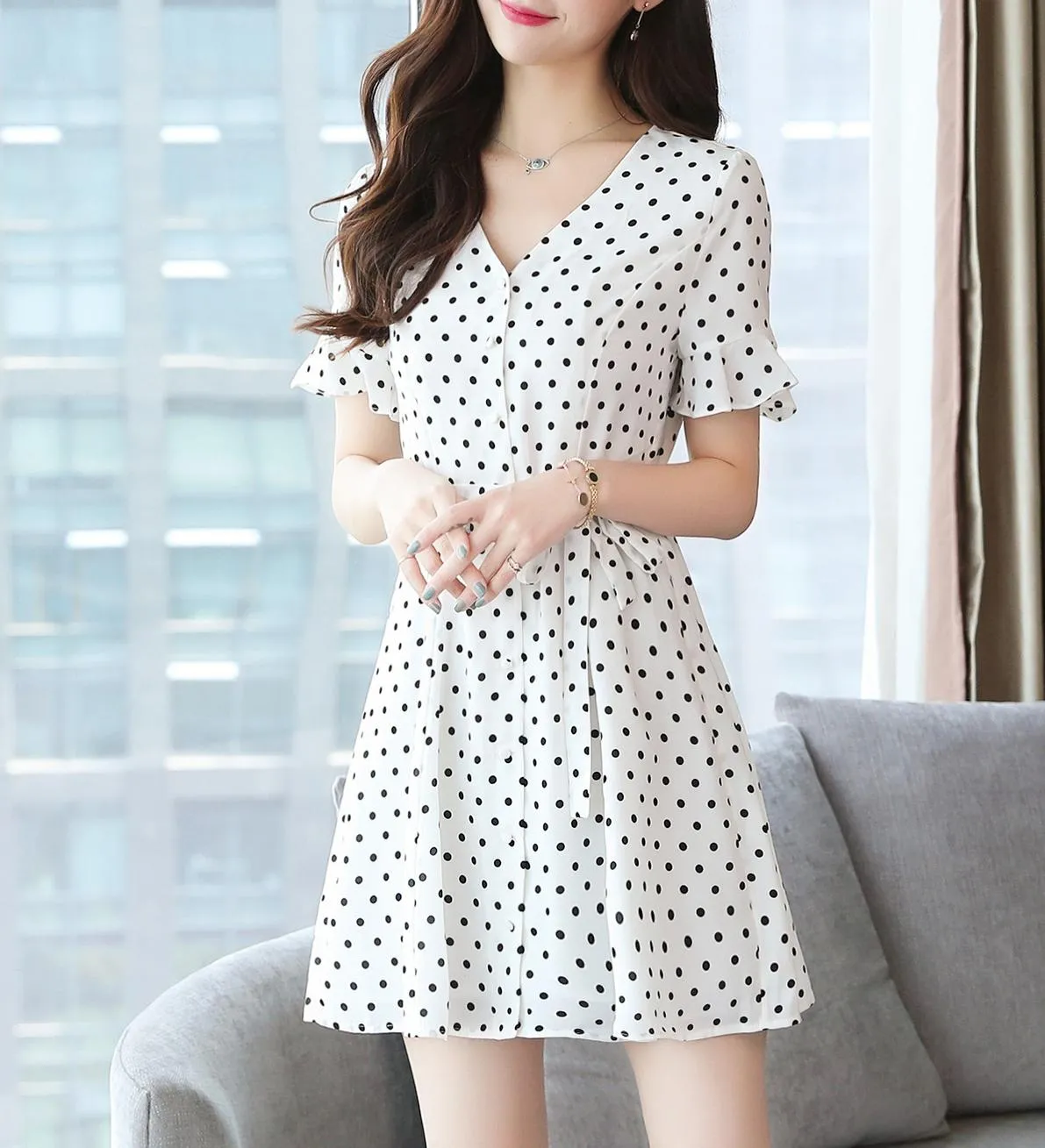 Women's Belted-Waisted Chiffon Dress in Polka Dot