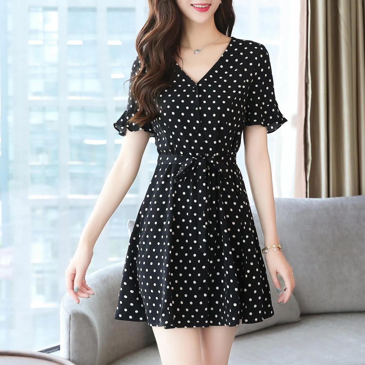 Women's Belted-Waisted Chiffon Dress in Polka Dot