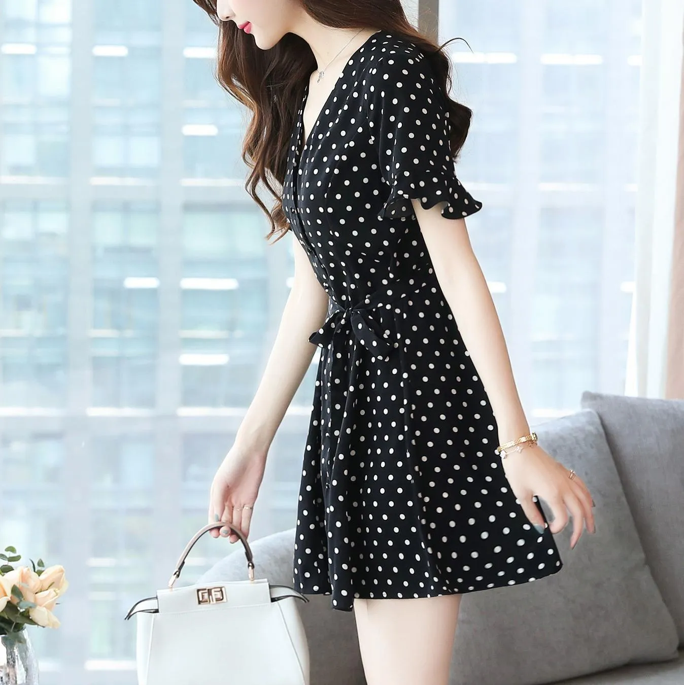Women's Belted-Waisted Chiffon Dress in Polka Dot