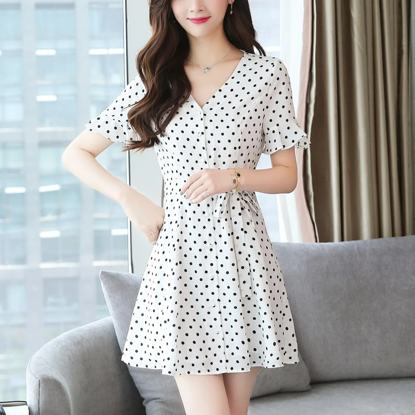 Women's Belted-Waisted Chiffon Dress in Polka Dot