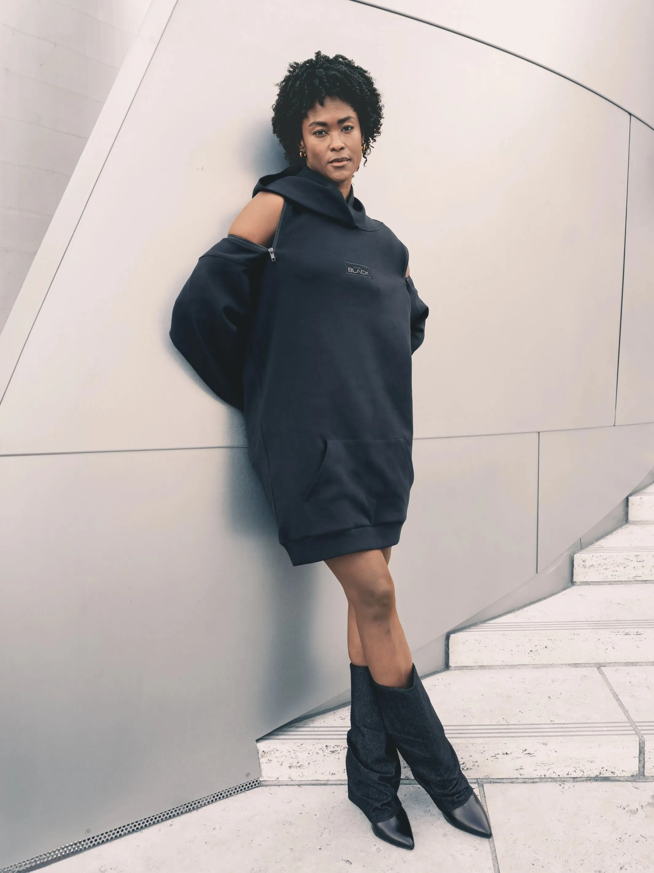 Women's Embossed Patch Long Sleeve Hoodie Dress