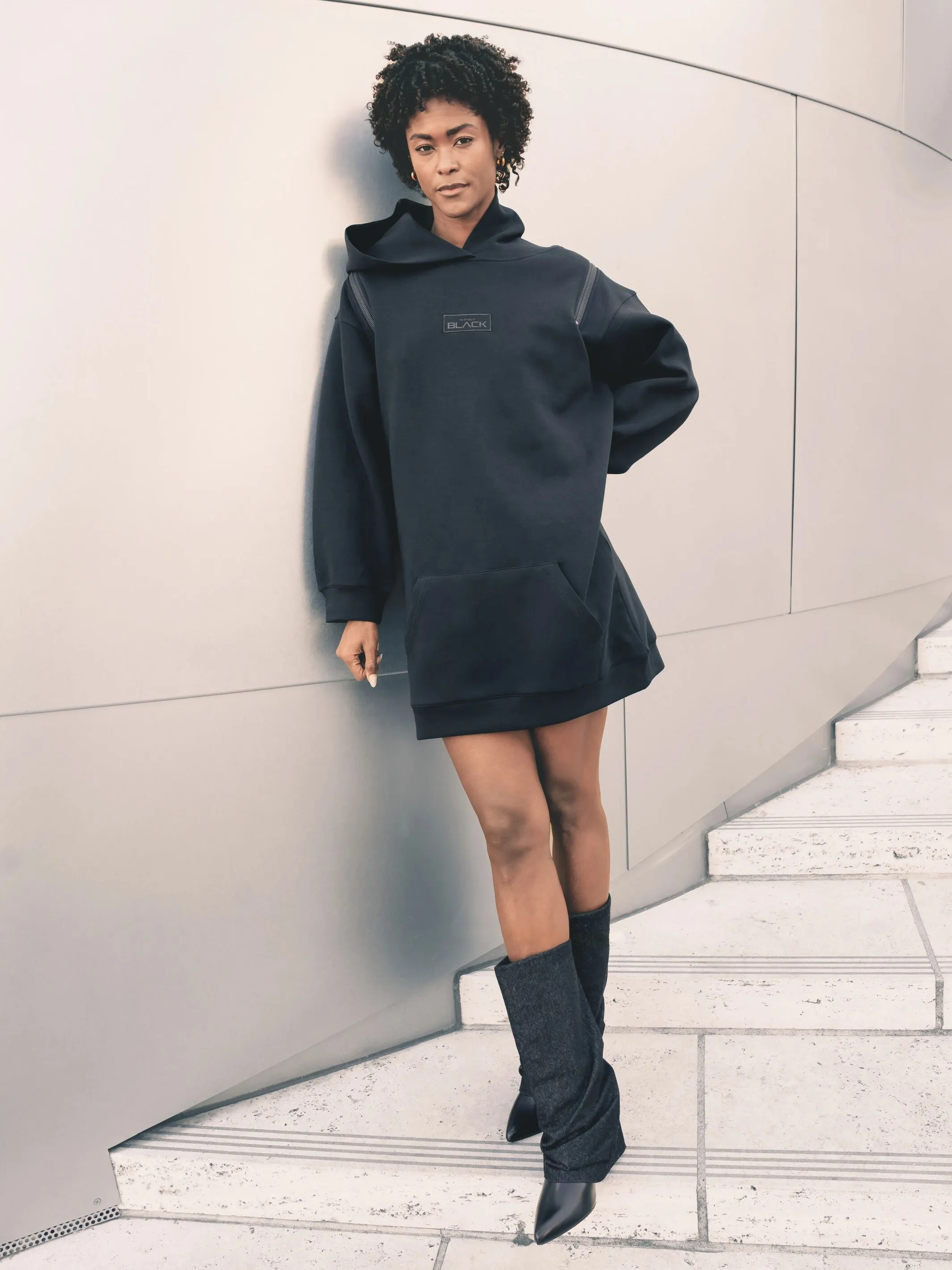 Women's Embossed Patch Long Sleeve Hoodie Dress