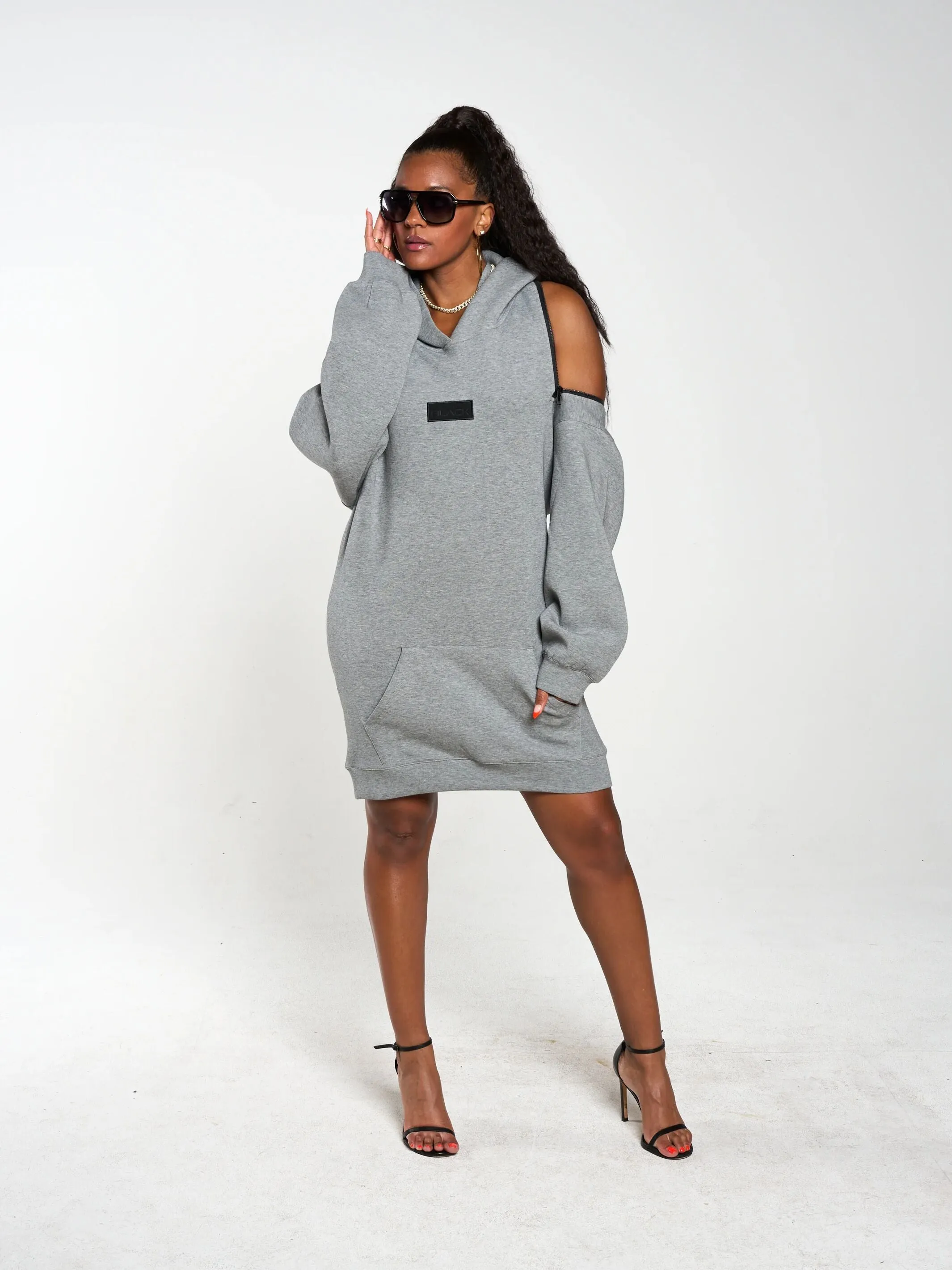 Women's Embossed Patch Long Sleeve Hoodie Dress