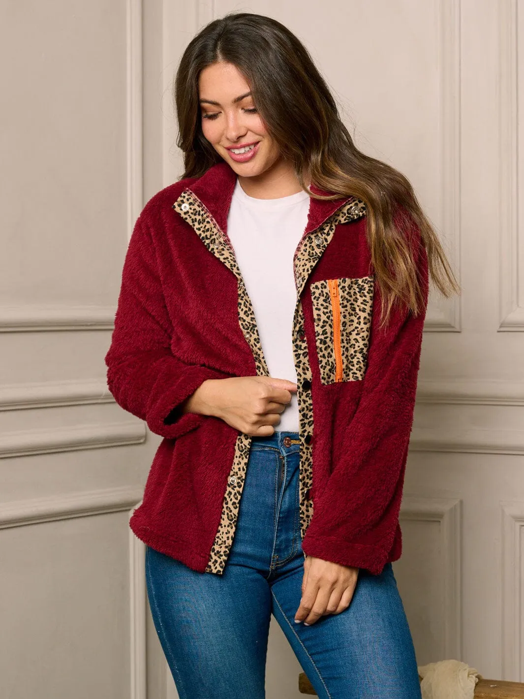 WOMEN'S LONG SLEEVE BUTTON UP ANIMAL PRINT DETAILED JACKET