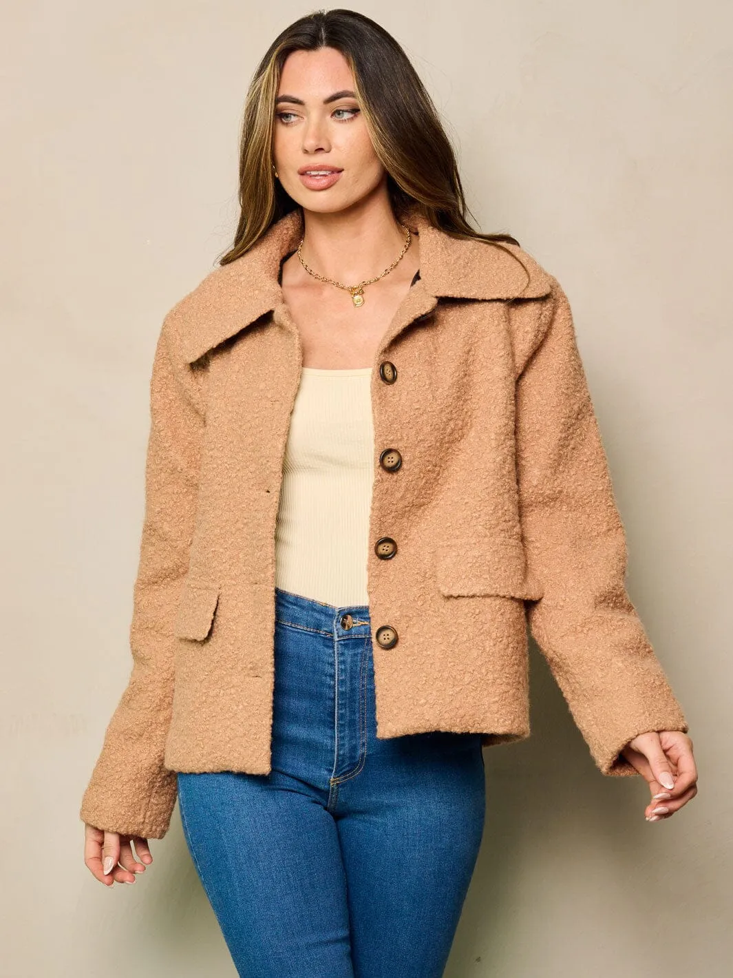 WOMEN'S LONG SLEEVE BUTTON UP SHERPA JACKET