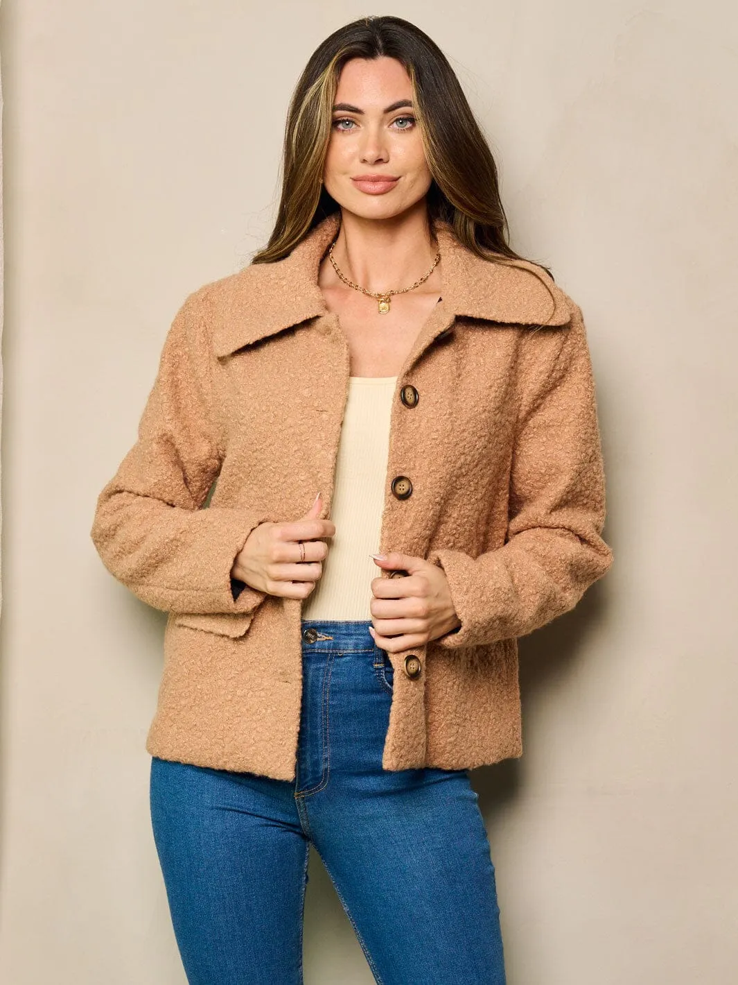WOMEN'S LONG SLEEVE BUTTON UP SHERPA JACKET