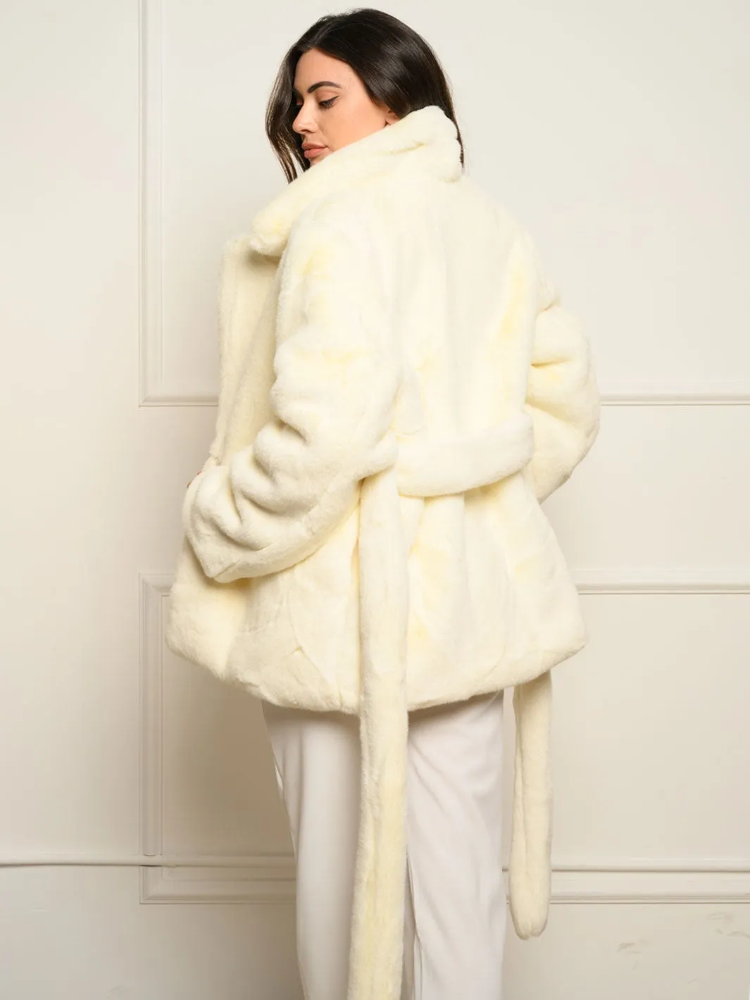WOMEN'S LONG SLEEVE FUZZY SELF TIE COAT