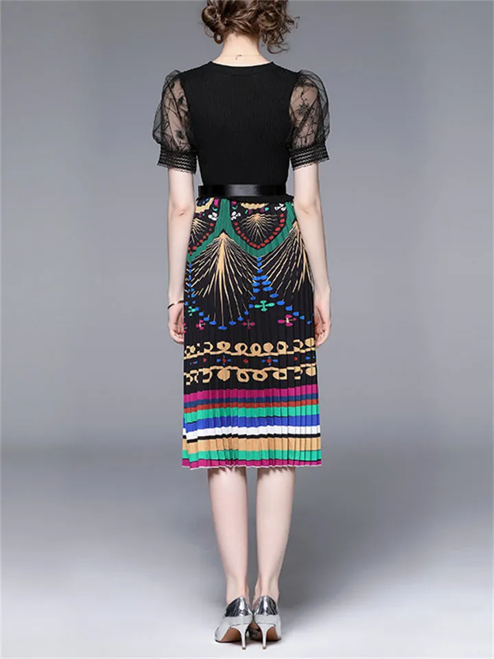 Women's Printed Patchwork Pleated Knitted Dress