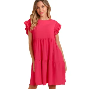Women's Ruffle Cap Sleeve Crew Neck Dress with Pockets