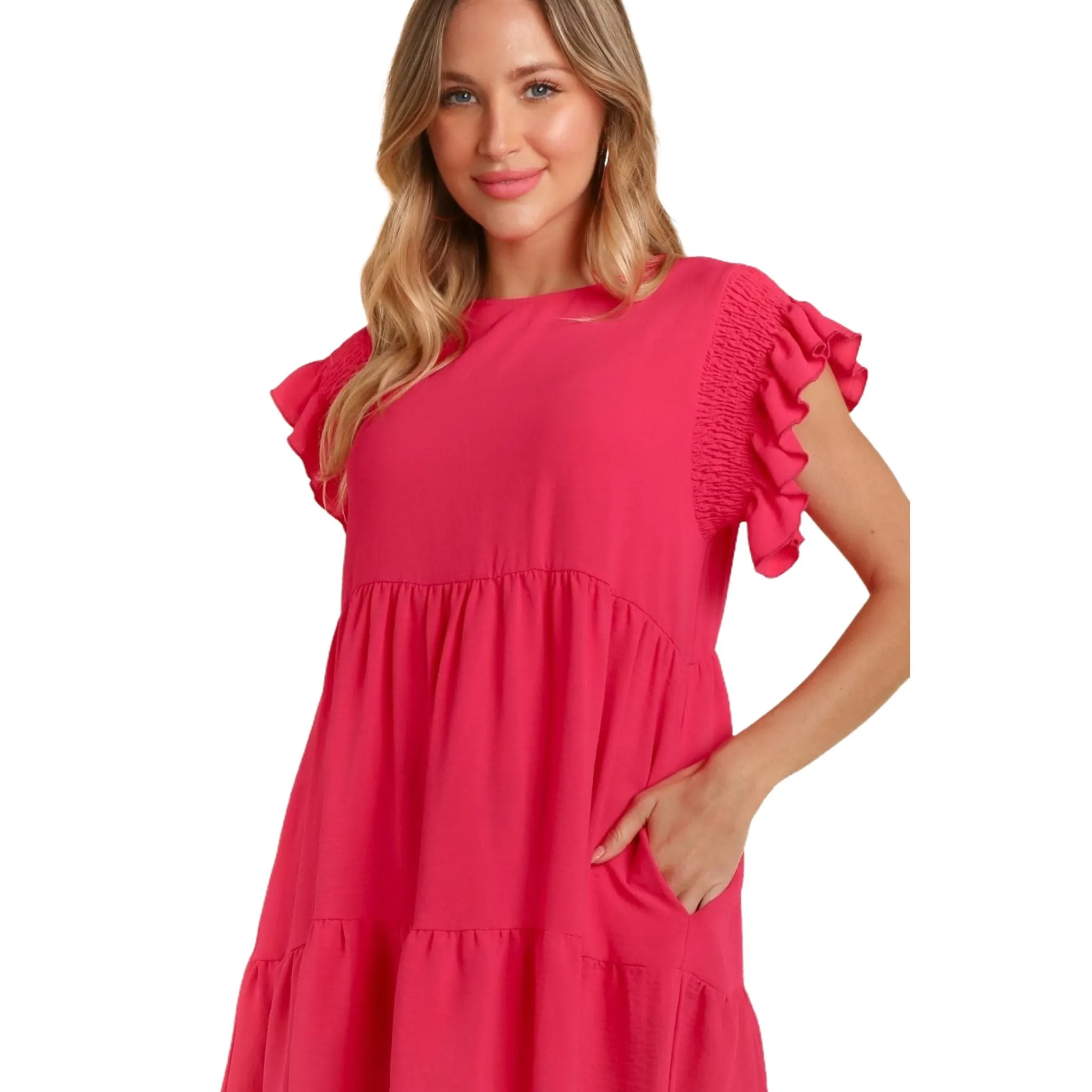 Women's Ruffle Cap Sleeve Crew Neck Dress with Pockets