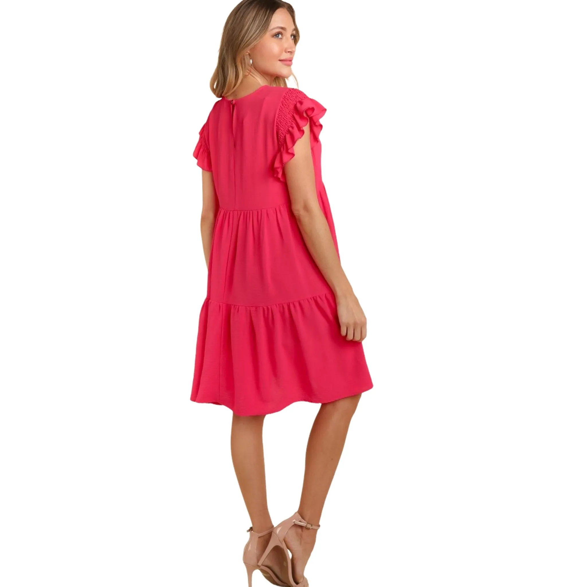 Women's Ruffle Cap Sleeve Crew Neck Dress with Pockets
