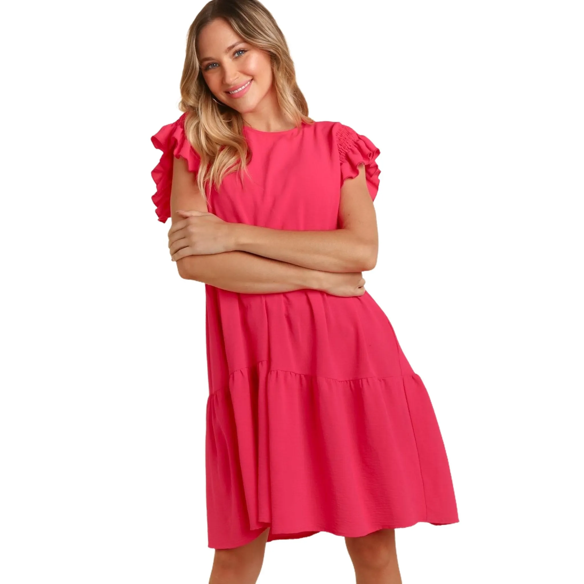 Women's Ruffle Cap Sleeve Crew Neck Dress with Pockets