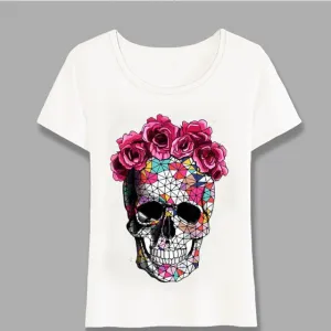 Womens Short Sleeve Flowers Skull Fashion Top