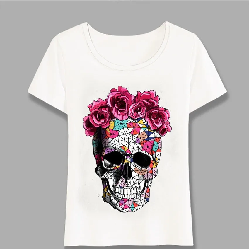 Womens Short Sleeve Flowers Skull Fashion Top