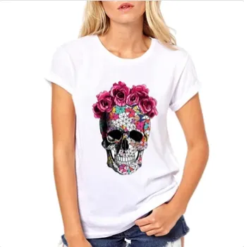 Womens Short Sleeve Flowers Skull Fashion Top