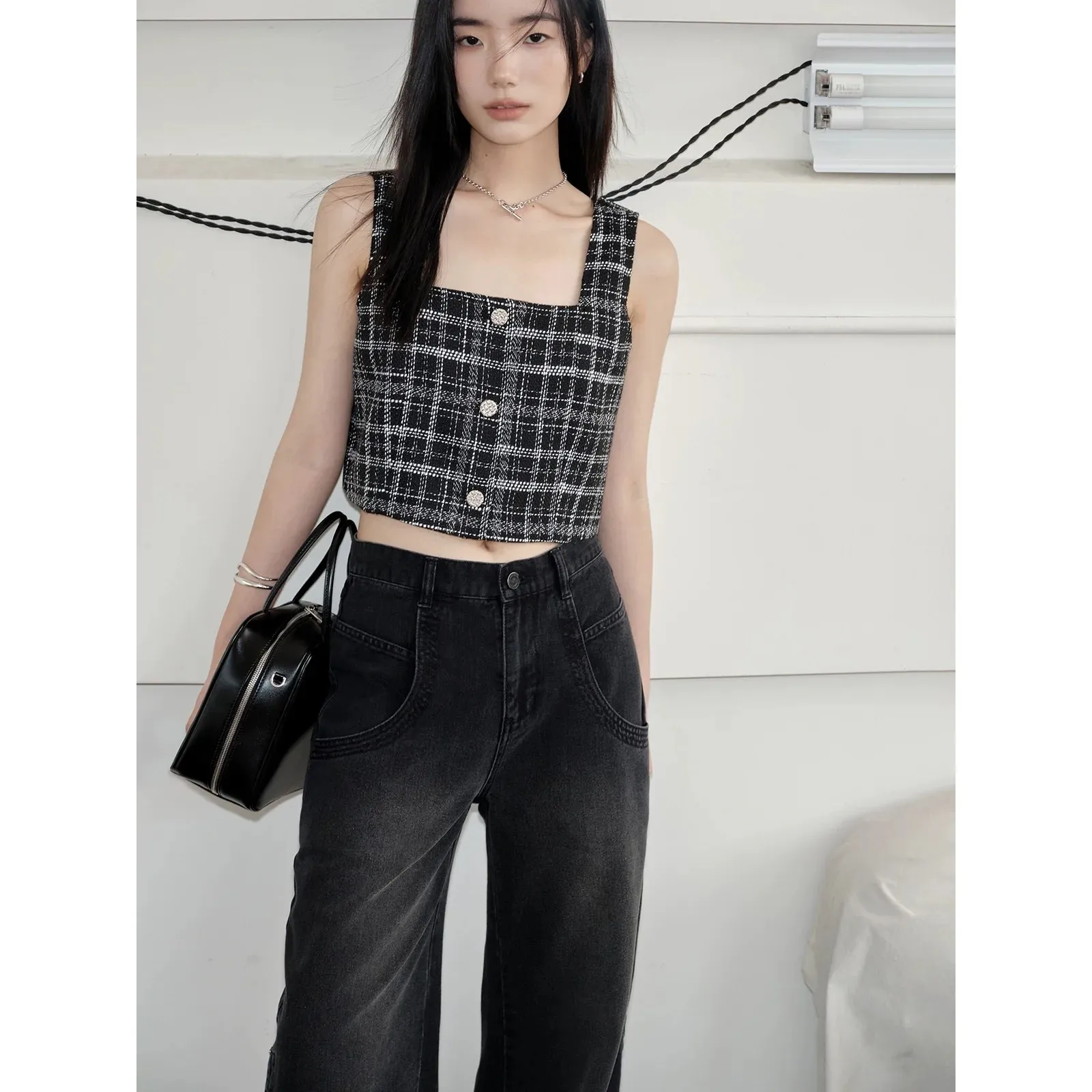 Woven Texture Plaid Jacket and Vest Set