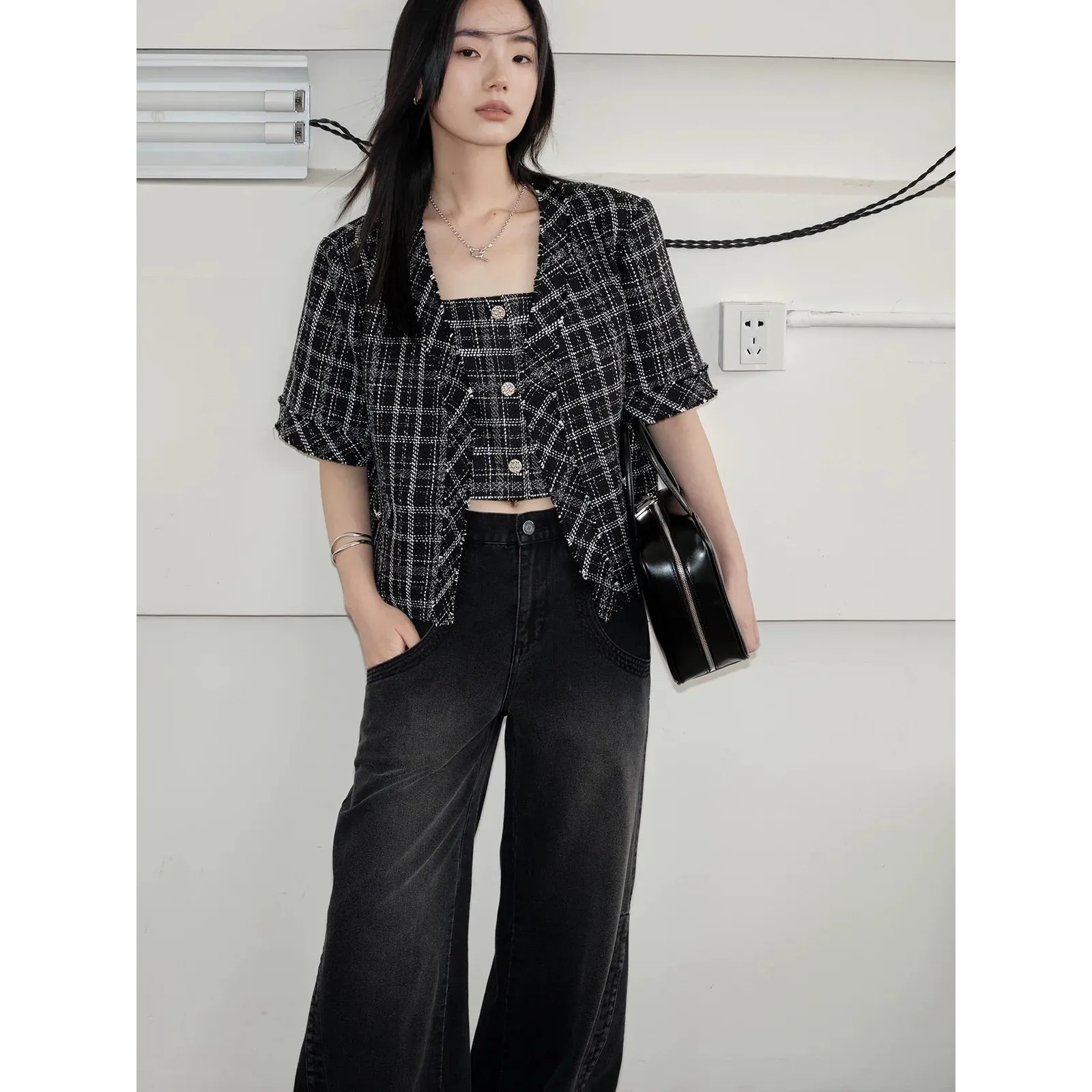 Woven Texture Plaid Jacket and Vest Set