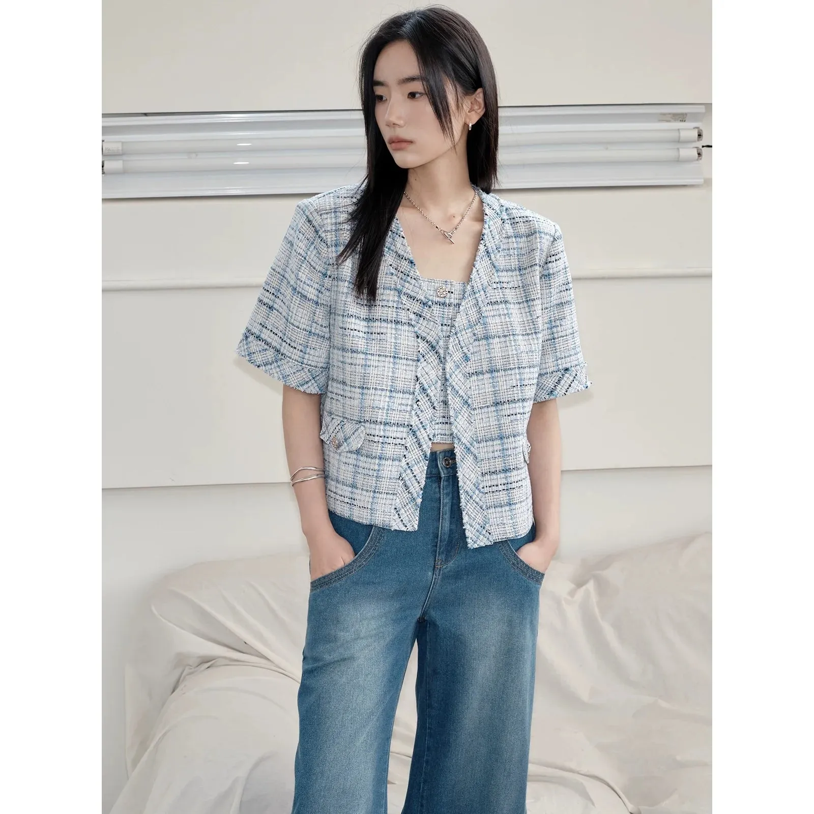 Woven Texture Plaid Jacket and Vest Set