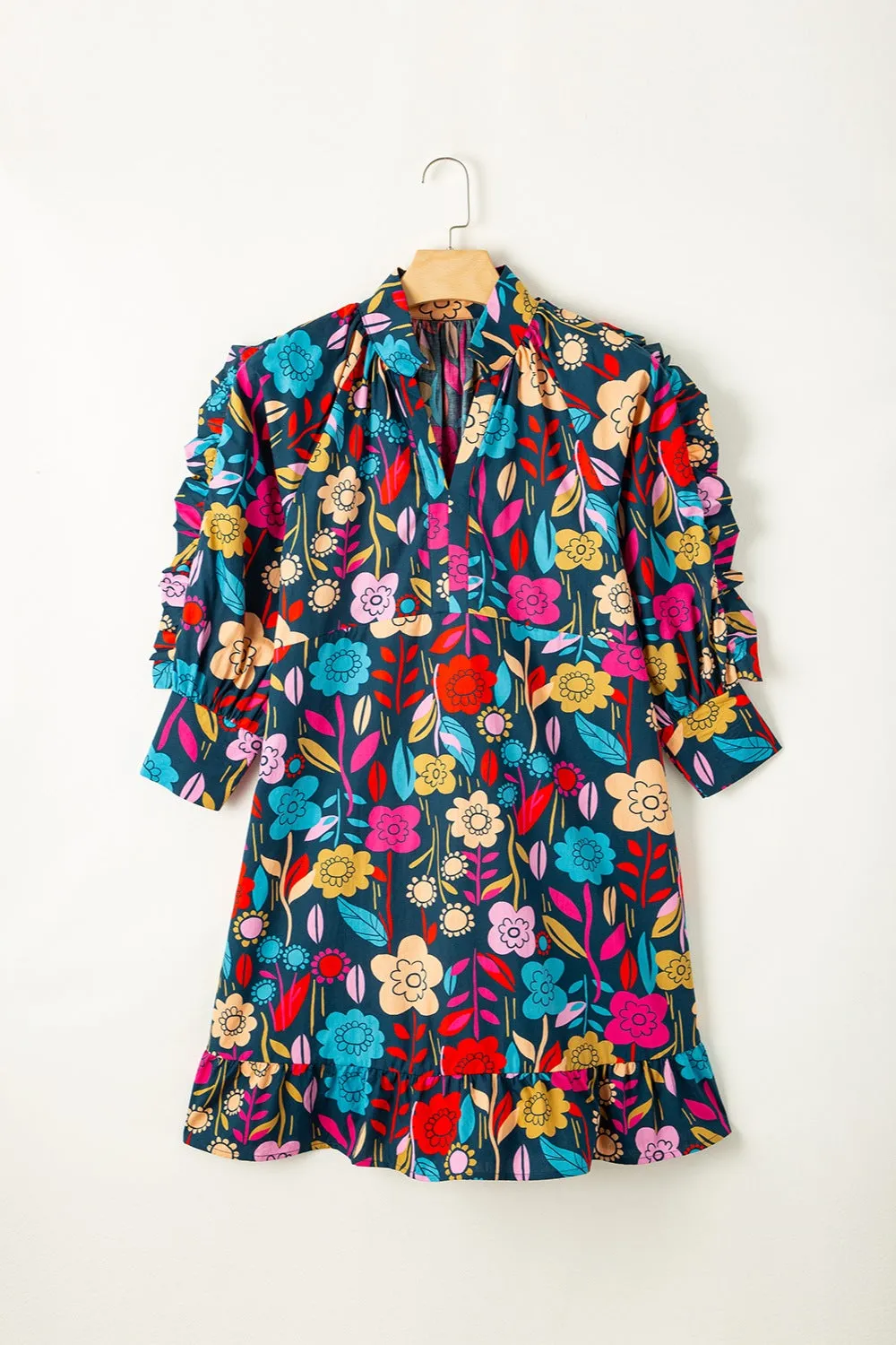 Wrenley Printed Notched Lantern Sleeve Mini Dress