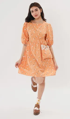 YANA Floral-Print Puff-Sleeve Babydoll Dress w/ Bag (Melon)