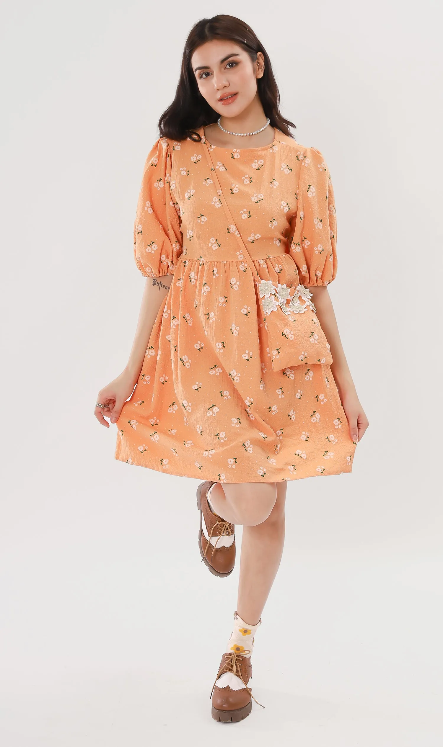 YANA Floral-Print Puff-Sleeve Babydoll Dress w/ Bag (Melon)